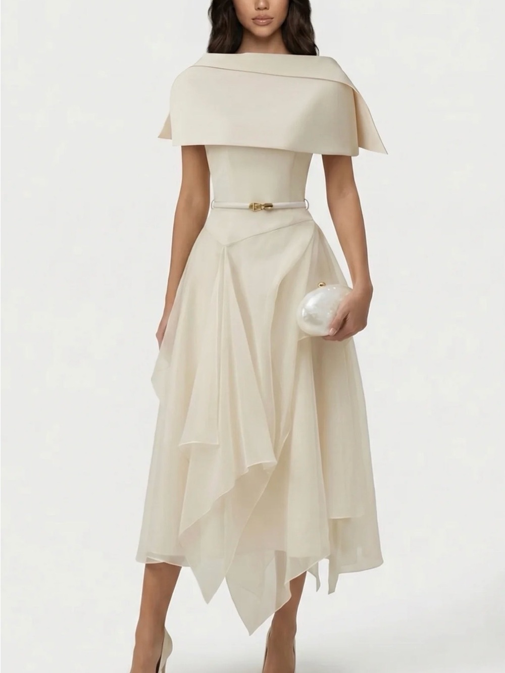 Elegant Cream Midi Dress with Draped Capelet